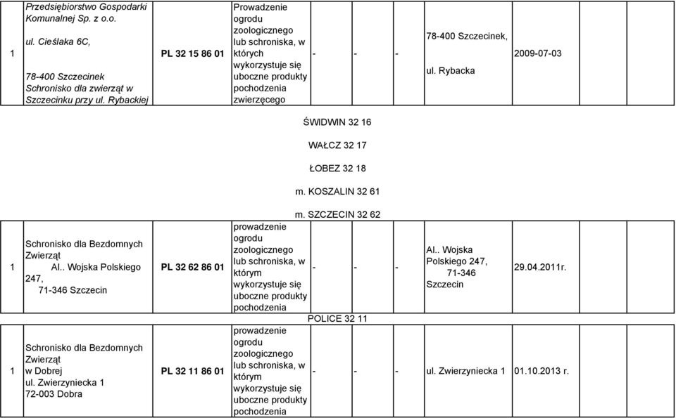 KOSZALIN 32 6 Schronisko dla Bezdomnych Al.. Wojska Polskiego 247, 7-346 Szczecin Schronisko dla Bezdomnych w Dobrej ul.