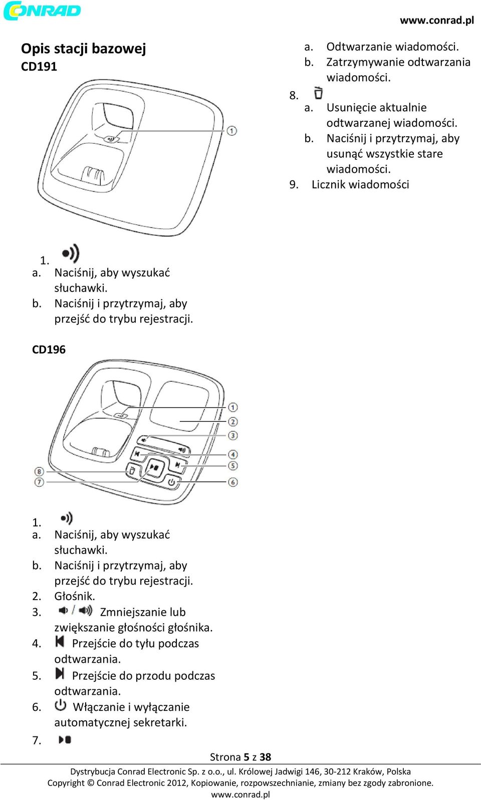 Głośnik. 3. Zmniejszanie lub zwiększanie głośności głośnika. 4. Przejście do tyłu podczas odtwarzania. 5. Przejście do przodu podczas odtwarzania. 6.