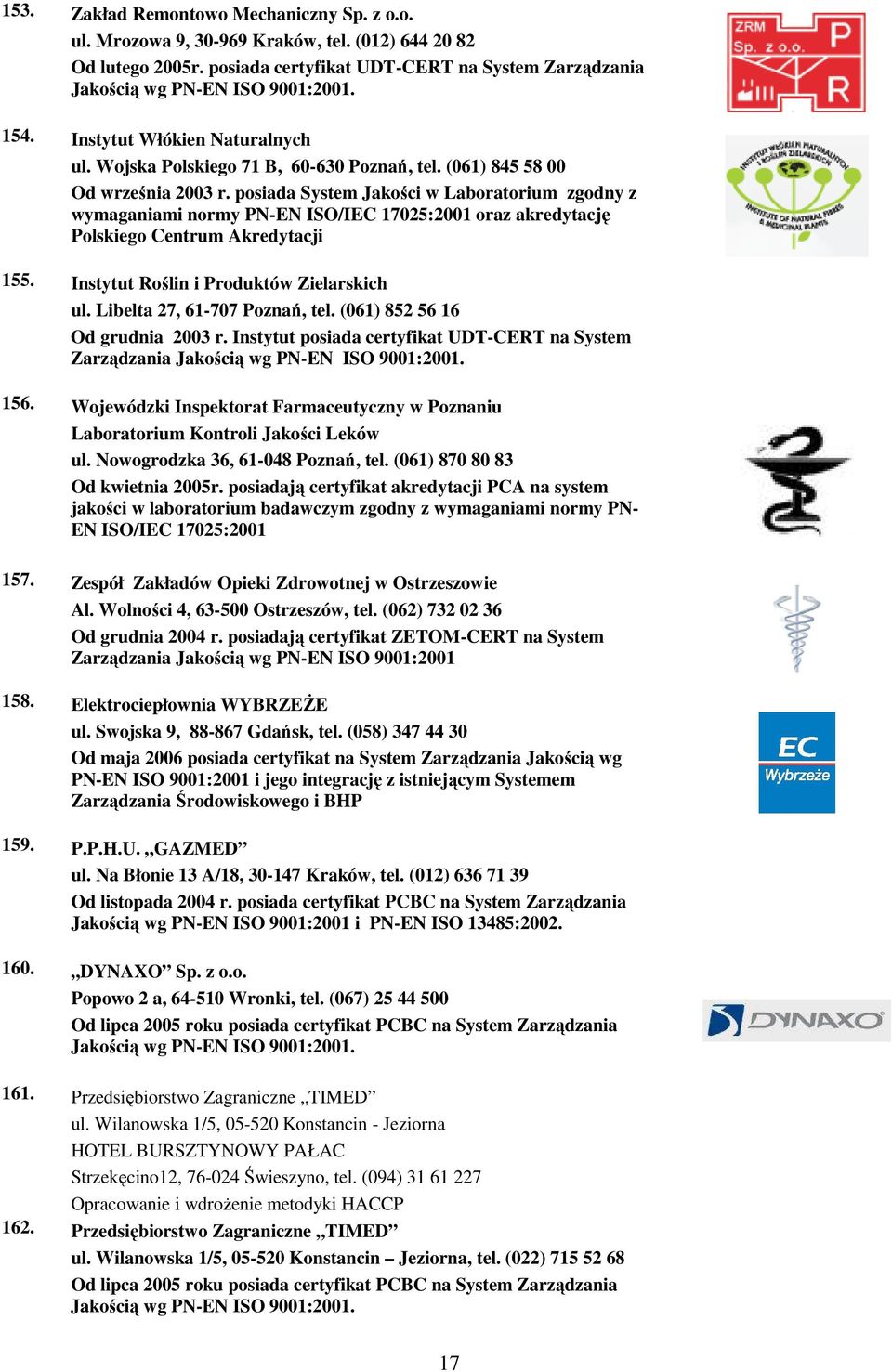 posiada System Jakości w Laboratorium zgodny z wymaganiami normy PN-EN ISO/IEC 17025:2001 oraz akredytację Polskiego Centrum Akredytacji 155. Instytut Roślin i Produktów Zielarskich ul.