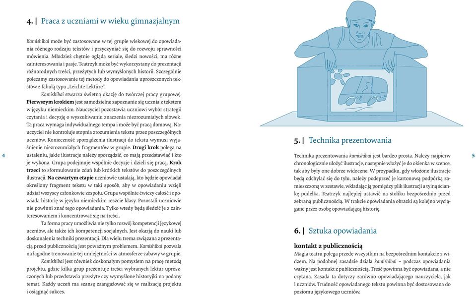 Szczególnie polecamy zastosowanie tej metody do opowiadania uproszczonych tekstów z fabułą typu Leichte Lektüre. Kamishibai stwarza świetną okazję do twórczej pracy grupowej.