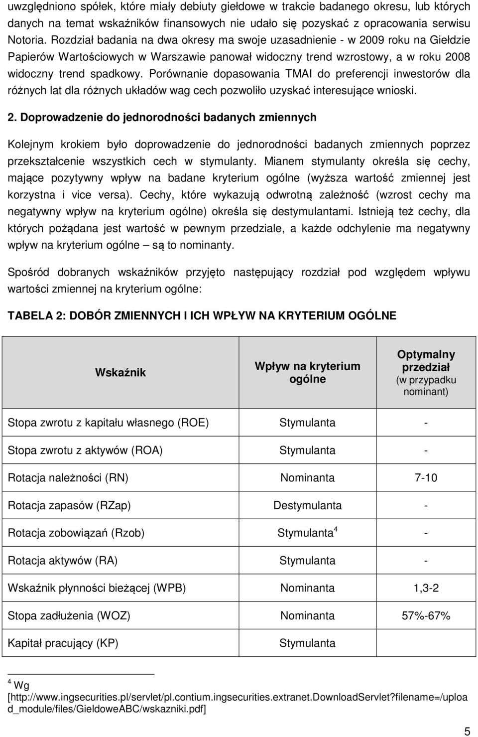 Porównanie dopasowania TMAI do preferencji inwestorów dla różnych lat dla różnych układów wag cech pozwoliło uzyskać interesujące wnioski. 2.