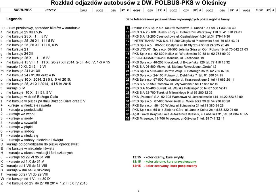 krasińskiego14/24 tel.34 379-11-30 c nie kursuje 25,26 XII, 1 I i 5 IV 12 - INTERTRANS PKS S.A. 67-200 Głogów ul Piastowska 5 tel. 76 833 43 21 d nie kursuje 25,26 XII, 1 I i 5, 6 IV 13 - PKS Sp z o.