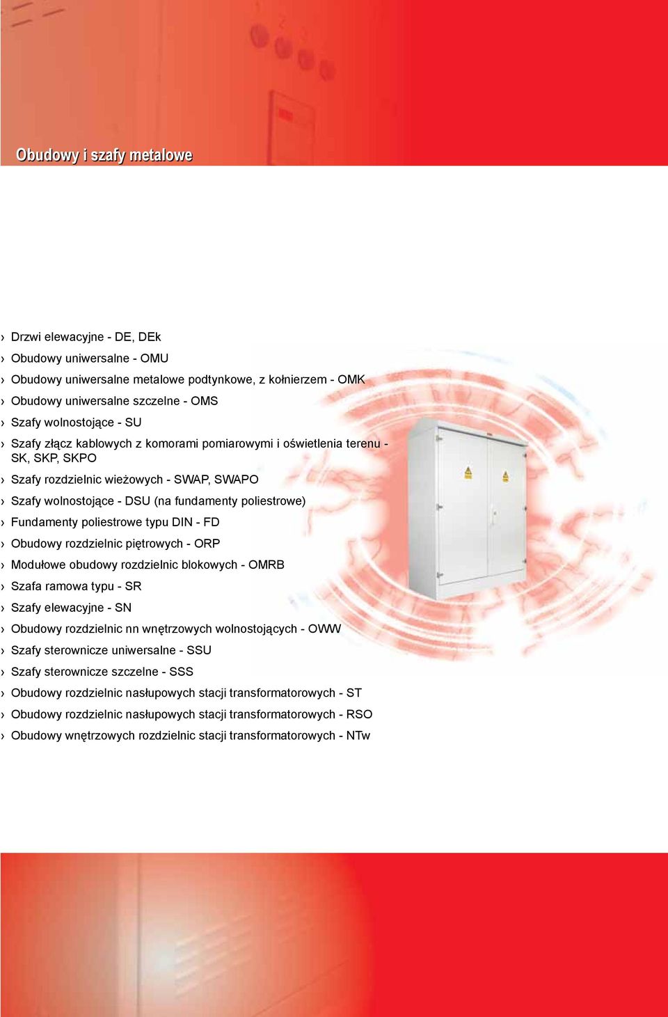 rozdzielnic piętrowych - ORP Modułowe obudowy rozdzielnic blokowych - OMRB Szafa ramowa typu - SR Szafy elewacyjne - SN Obudowy rozdzielnic nn wnętrzowych wolnostojących - OWW Szafy sterownicze