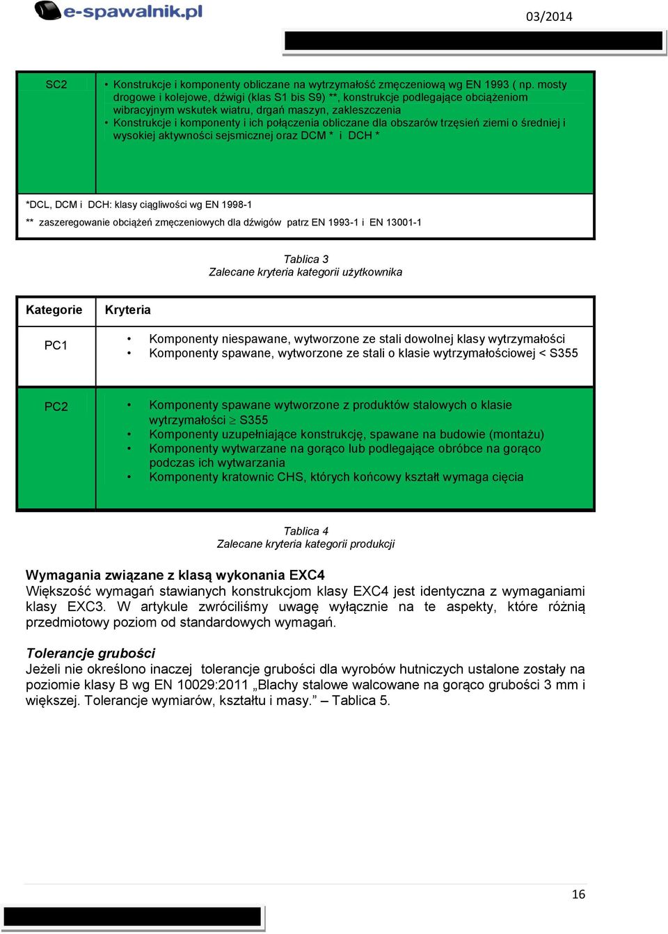 dla obszarów trzęsień ziemi o średniej i wysokiej aktywności sejsmicznej oraz DCM * i DCH * *DCL, DCM i DCH: klasy ciągliwości wg EN 1998-1 ** zaszeregowanie obciążeń zmęczeniowych dla dźwigów patrz