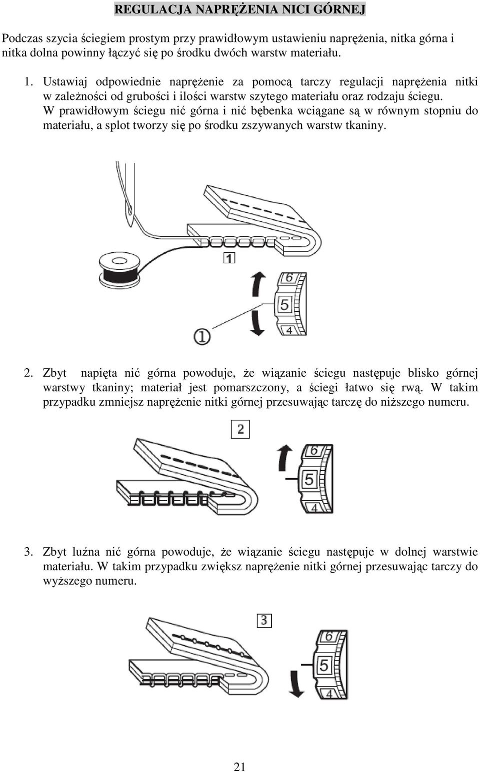 W prawidłowym ściegu nić górna i nić bębenka wciągane są w równym stopniu do materiału, a splot tworzy się po środku zszywanych warstw tkaniny. 2.