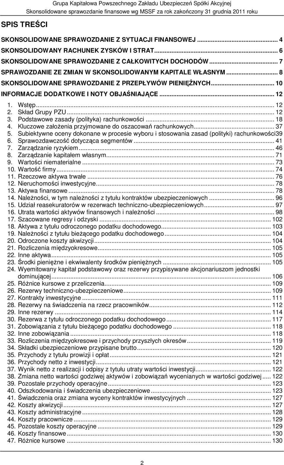 .. 10 INFORMACJE DODATKOWE I NOTY OBJAŚNIAJĄCE... 12 1. Wstęp... 12 2. Skład Grupy PZU... 12 3. Podstawowe zasady (polityka) rachunkowości... 18 4.