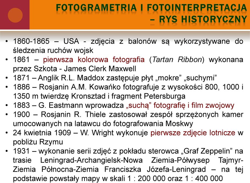 Eastmann wprowadza suchą fotografię i film zwojowy 1900 Rosjanin R. Thiele zastosował zespół sprzężonych kamer umocowanych na latawcu do fotografowania Moskwy 24 kwietnia 1909 W.