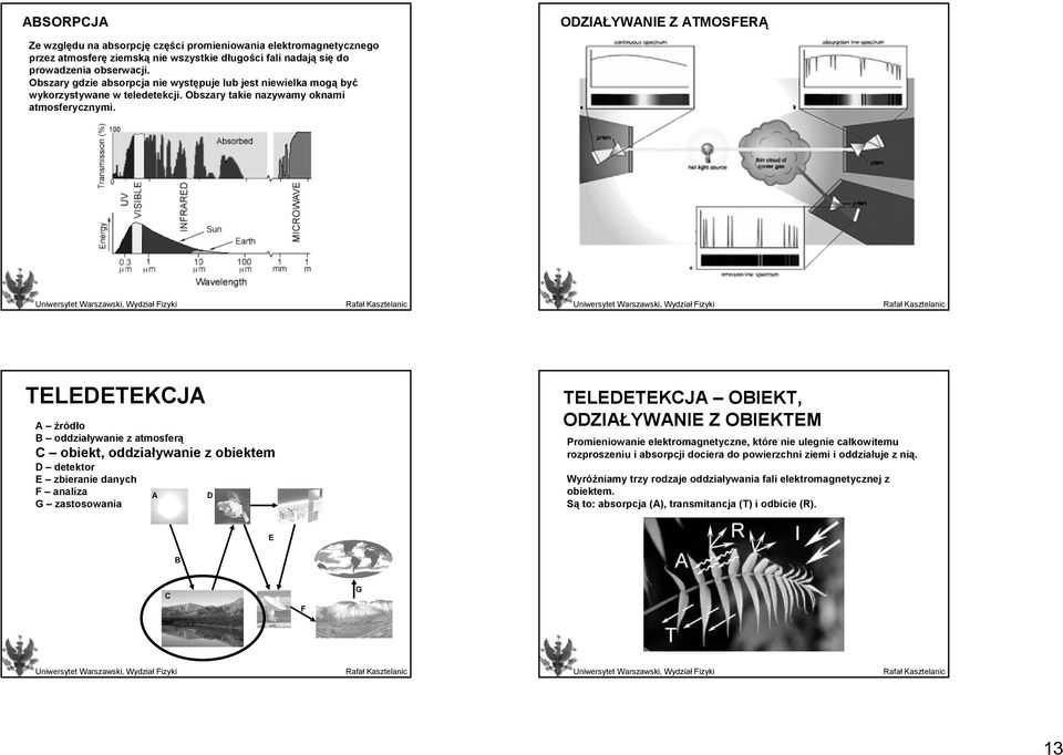 TELEDETEKCJA A źródło B oddziaływanie z atmosferą C obiekt, oddziaływanie z obiektem D detektor E zbieranie danych F analiza G zastosowania A D TELEDETEKCJA OBIEKT, ODZIAŁYWANIE Z OBIEKTEM