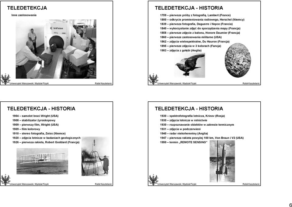 zdjęcie z balonu, Honore Daumier (Francja) 1860 pierwsze zastosowania militarne (USA) 1862 zdjęcia wielospektralne, Du Hauron (Francja) 1895 pierwsze zdjęcia w 3 kolorach (Fancja) 1903 zdjęcia z