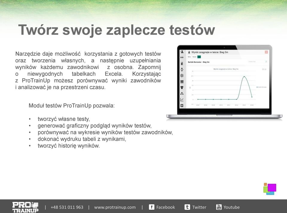 Korzystając z ProTrainUp możesz porównywać wyniki zawodników i analizować je na przestrzeni czasu.