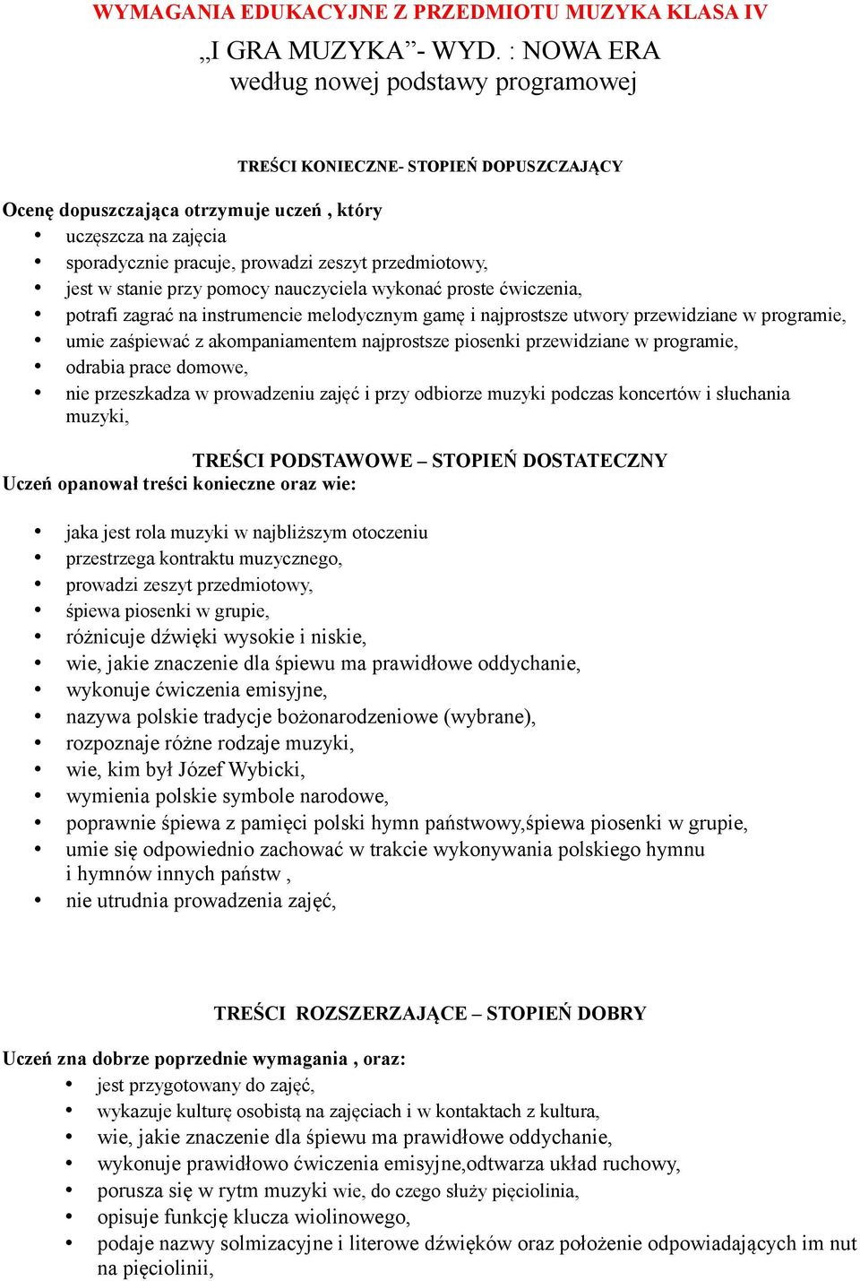 przedmiotowy, jest w stanie przy pomocy nauczyciela wykonać proste ćwiczenia, potrafi zagrać na instrumencie melodycznym gamę i najprostsze utwory przewidziane w programie, umie zaśpiewać z