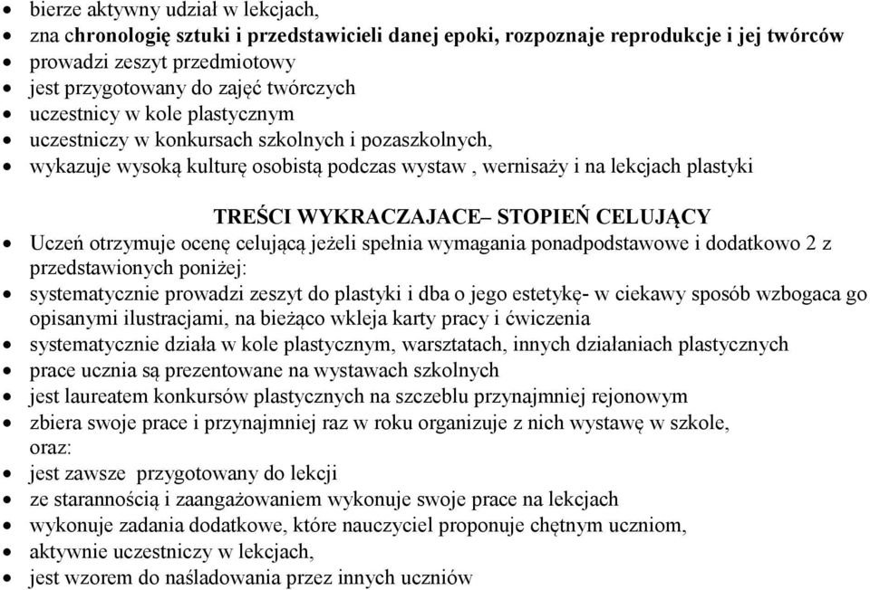 CELUJĄCY Uczeń otrzymuje ocenę celującą jeżeli spełnia wymagania ponadpodstawowe i dodatkowo 2 z przedstawionych poniżej: systematycznie prowadzi zeszyt do plastyki i dba o jego estetykę- w ciekawy