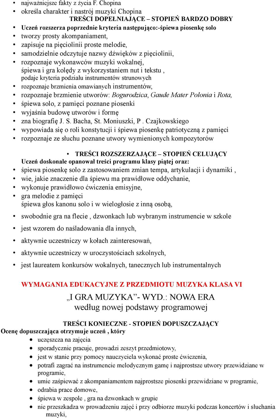 na pięciolinii proste melodie, samodzielnie odczytuje nazwy dźwięków z pięciolinii, rozpoznaje wykonawców muzyki wokalnej, śpiewa i gra kolędy z wykorzystaniem nut i tekstu, podaje kryteria podziału