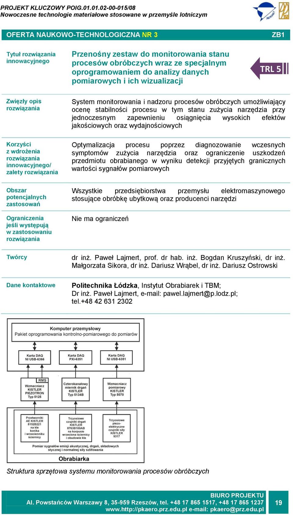 oraz wydajnościowych Optymalizacja procesu poprzez diagnozowanie wczesnych symptomów zużycia narzędzia oraz ograniczenie uszkodzeń przedmiotu obrabianego w wyniku detekcji przyjętych granicznych