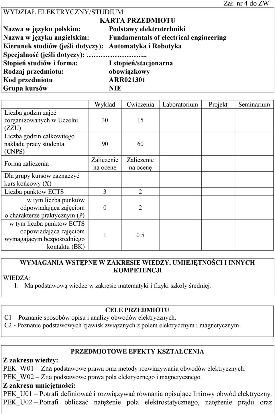 . Stopień studiów i forma: I stopień/stacjonarna Rodzaj przedmiotu: obowiązkowy Kod przedmiotu ARR01301 Grupa kursów NIE zajęć zorganizowanych w Uczelni (ZZU) całkowitego nakładu pracy studenta