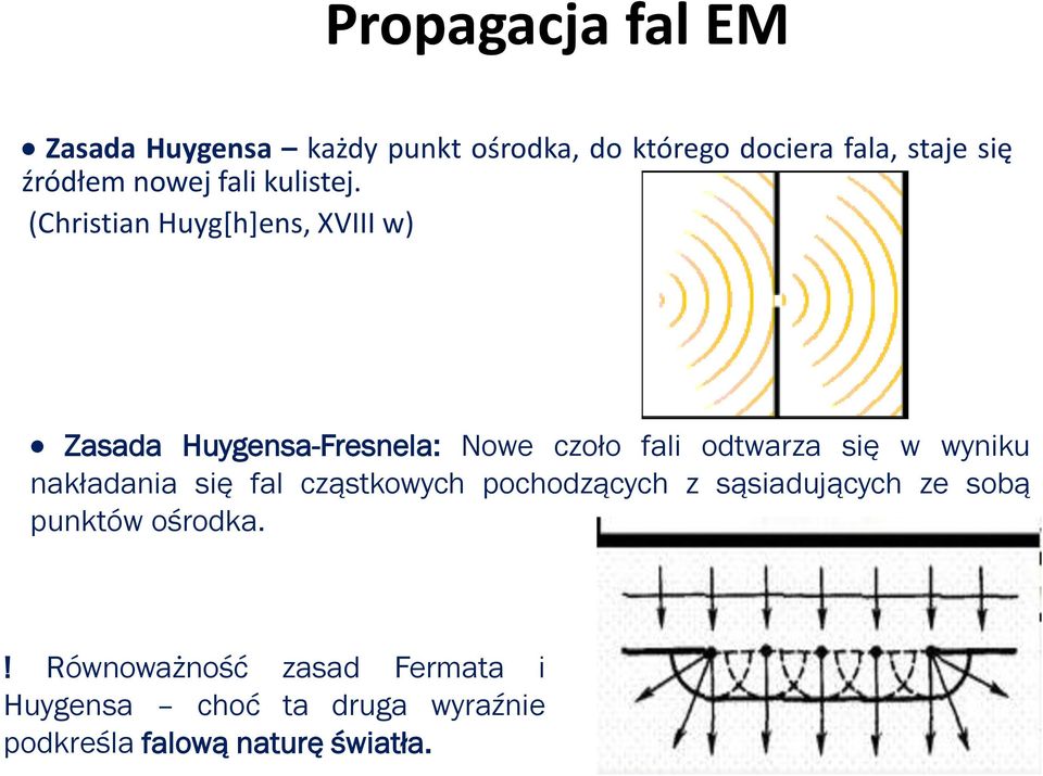 (Christian Huyg[h]ens, XVIII w) Zasada Huygensa-Fresnela: Nowe czoło fali odtwarza się w wyniku