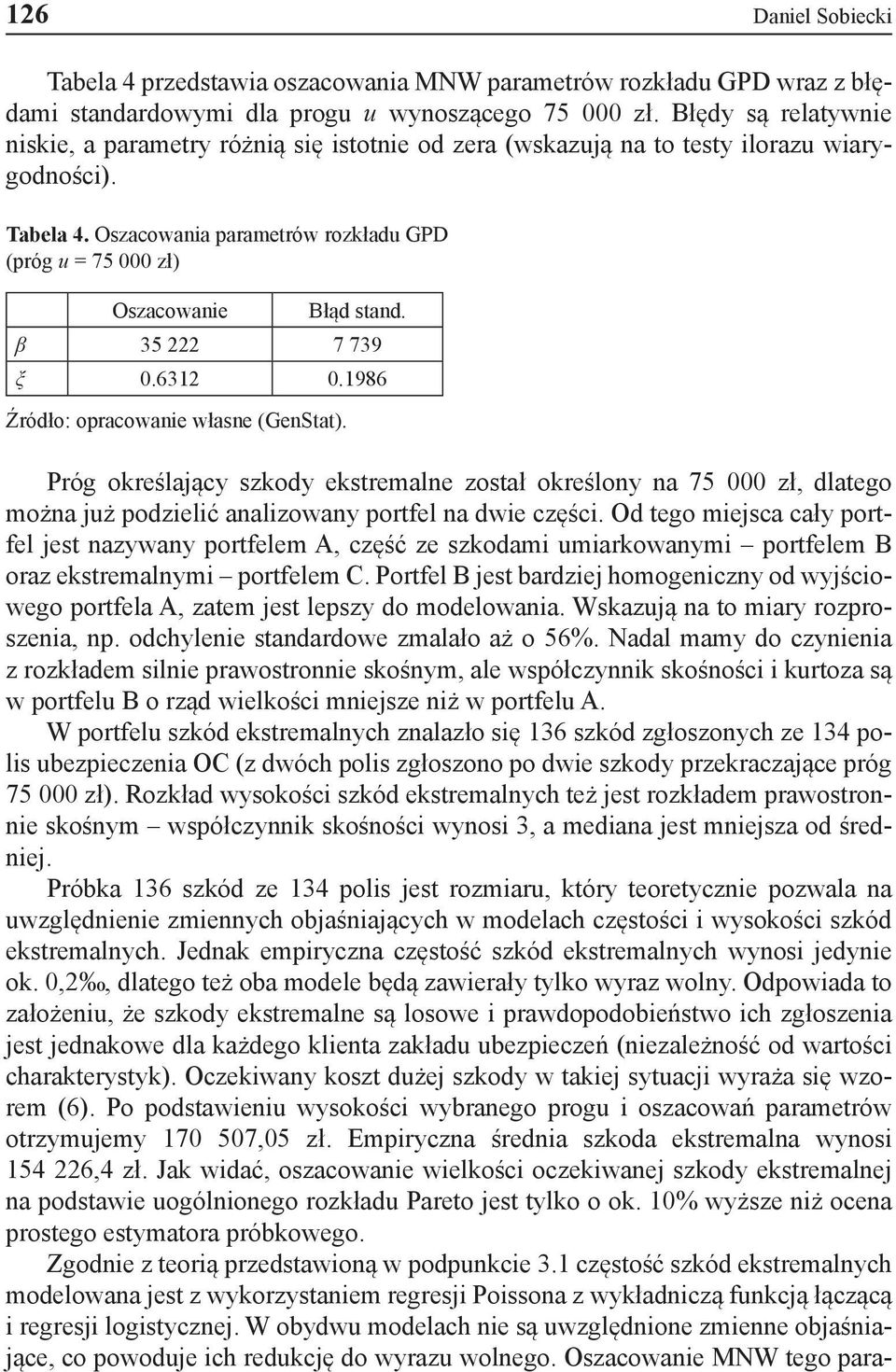 Oszacowania parametrów rozkładu GPD (próg u = 75 000 zł) Oszacowanie Błąd stand. β 35 222 7 739 ξ 0.6312 0.1986 Źródło: opracowanie własne (GenStat).