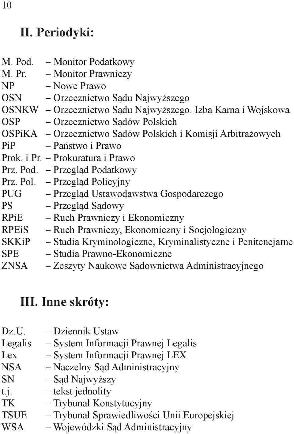 Pol. Przegląd Policyjny PUG Przegląd Ustawodawstwa Gospodarczego PS Przegląd Sądowy RPiE Ruch Prawniczy i Ekonomiczny RPEiS Ruch Prawniczy, Ekonomiczny i Socjologiczny SKKiP Studia Kryminologiczne,