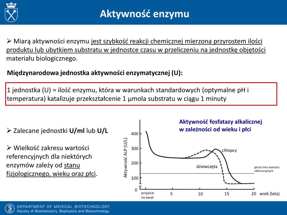 Międzynarodowa jednostka aktywności enzymatycznej (U): 1 jednostka (U) = ilość enzymu, która w warunkach standardowych (optymalne ph i temperatura)