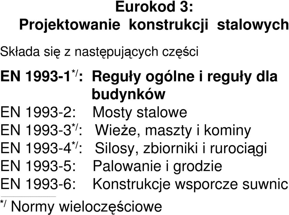 */ : WieŜe, maszty i kominy EN 1993-4 */ : Silosy, zbiorniki i rurociągi EN 1993-5: