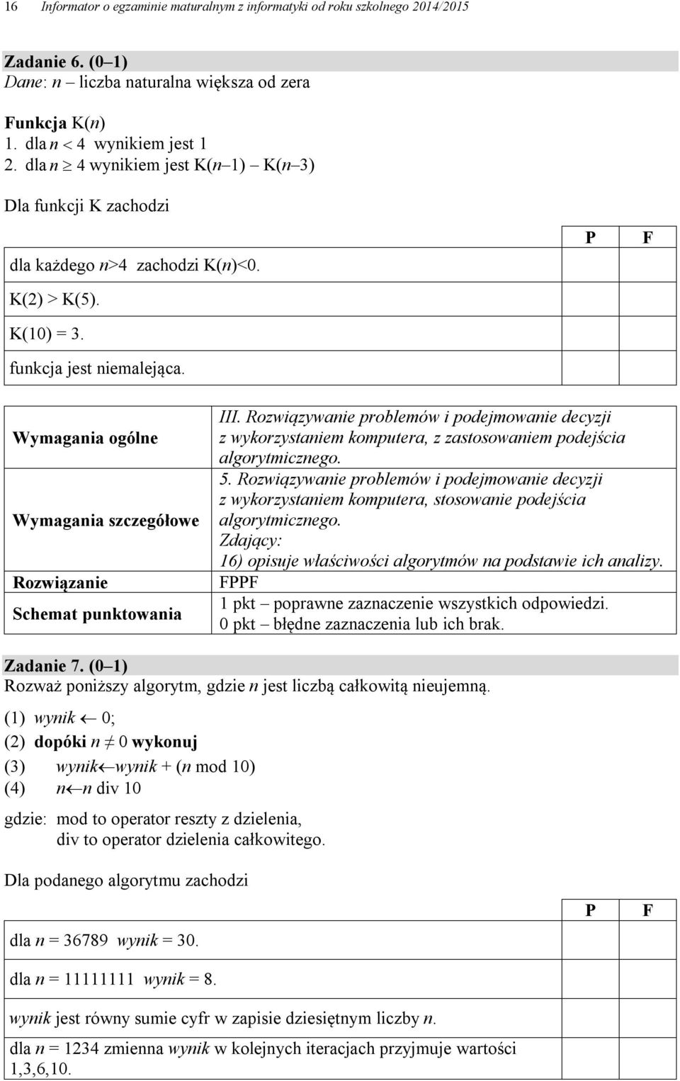 P F Wymagania ogólne Wymagania szczegółowe Rozwiązanie Schemat punktowania III. Rozwiązywanie problemów i podejmowanie decyzji z wykorzystaniem komputera, z zastosowaniem podejścia algorytmicznego. 5.