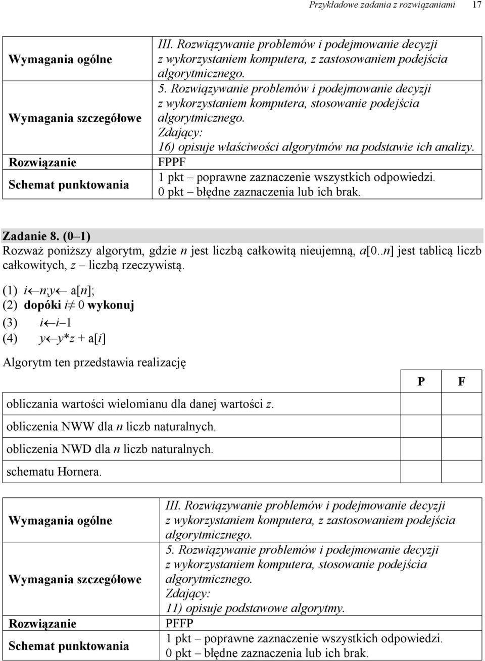 Rozwiązywanie problemów i podejmowanie decyzji z wykorzystaniem komputera, stosowanie podejścia algorytmicznego. Zdający: 16) opisuje właściwości algorytmów na podstawie ich analizy.