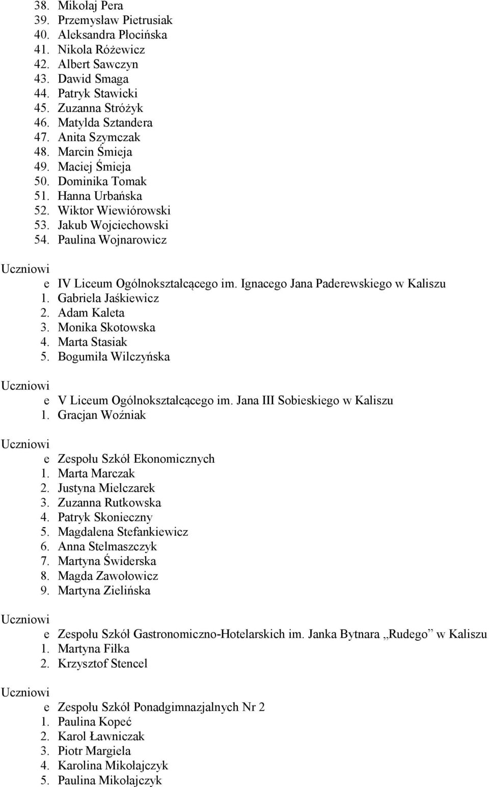 Ignacego Jana Paderewskiego w Kaliszu 1. Gabriela Jaśkiewicz 2. Adam Kaleta 3. Monika Skotowska 4. Marta Stasiak 5. Bogumiła Wilczyńska e V Liceum Ogólnokształcącego im.