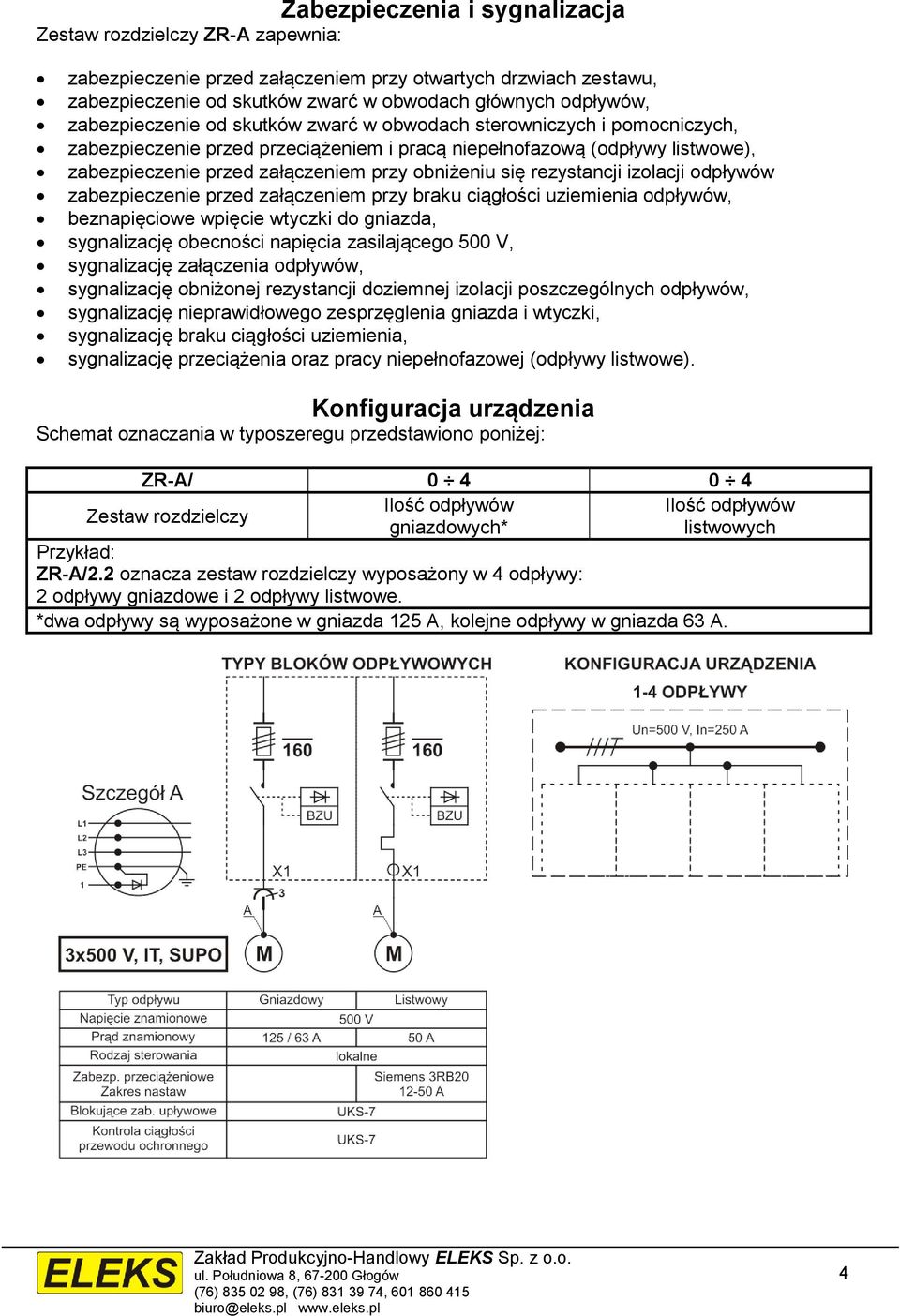 się rezystancji izolacji odpływów zabezpieczenie przed załączeniem przy braku ciągłości uziemienia odpływów, beznapięciowe wpięcie wtyczki do gniazda, sygnalizację obecności napięcia zasilającego 500