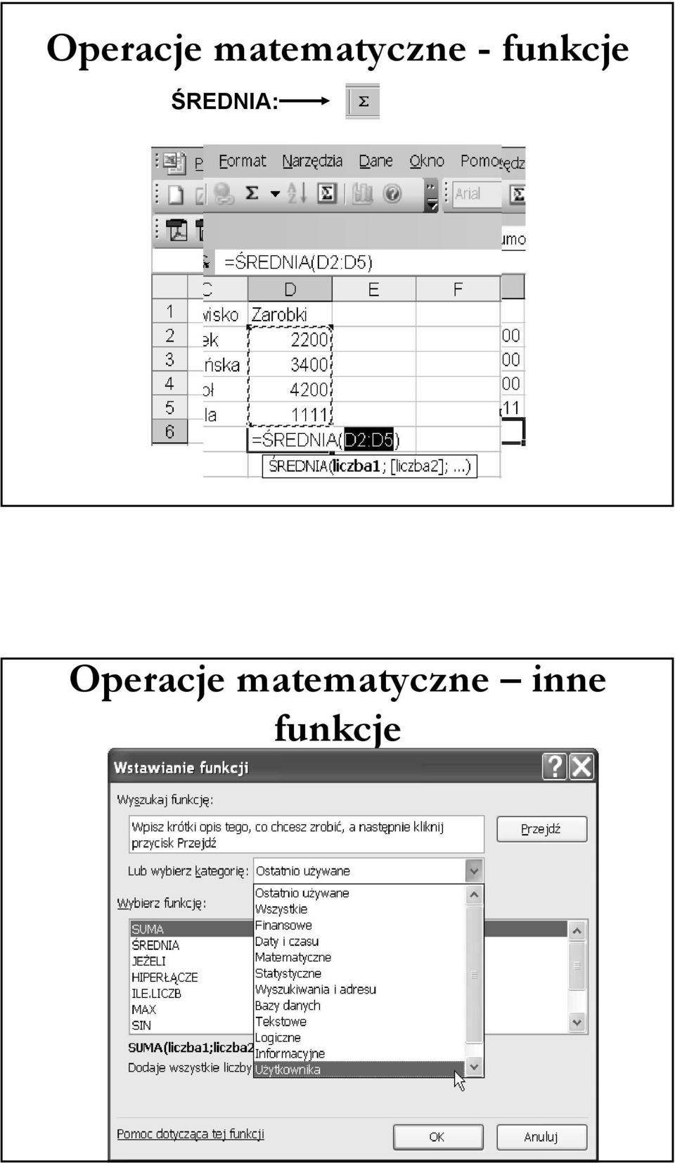 funkcje ŚREDNIA: 