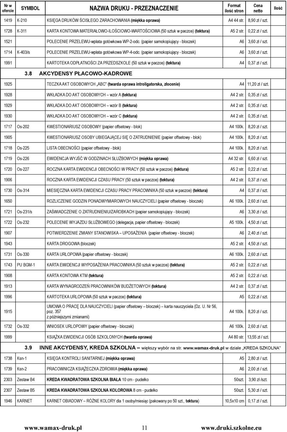 (papier samokopiujący - bloczek) A6 3,60 zł / szt. 1991 KARTOTEKA ODPŁATNOŚCI ZA PRZEDSZKOLE (50 sztuk w paczce) (tektura) A4 0,37 zł / szt. 3.8 AKCYDENSY PŁACOWO-KADROWE 1925 TECZKA AKT OSOBOWYCH ABC (twarda oprawa introligatorska, złocenie) A4 11,20 zł / szt.