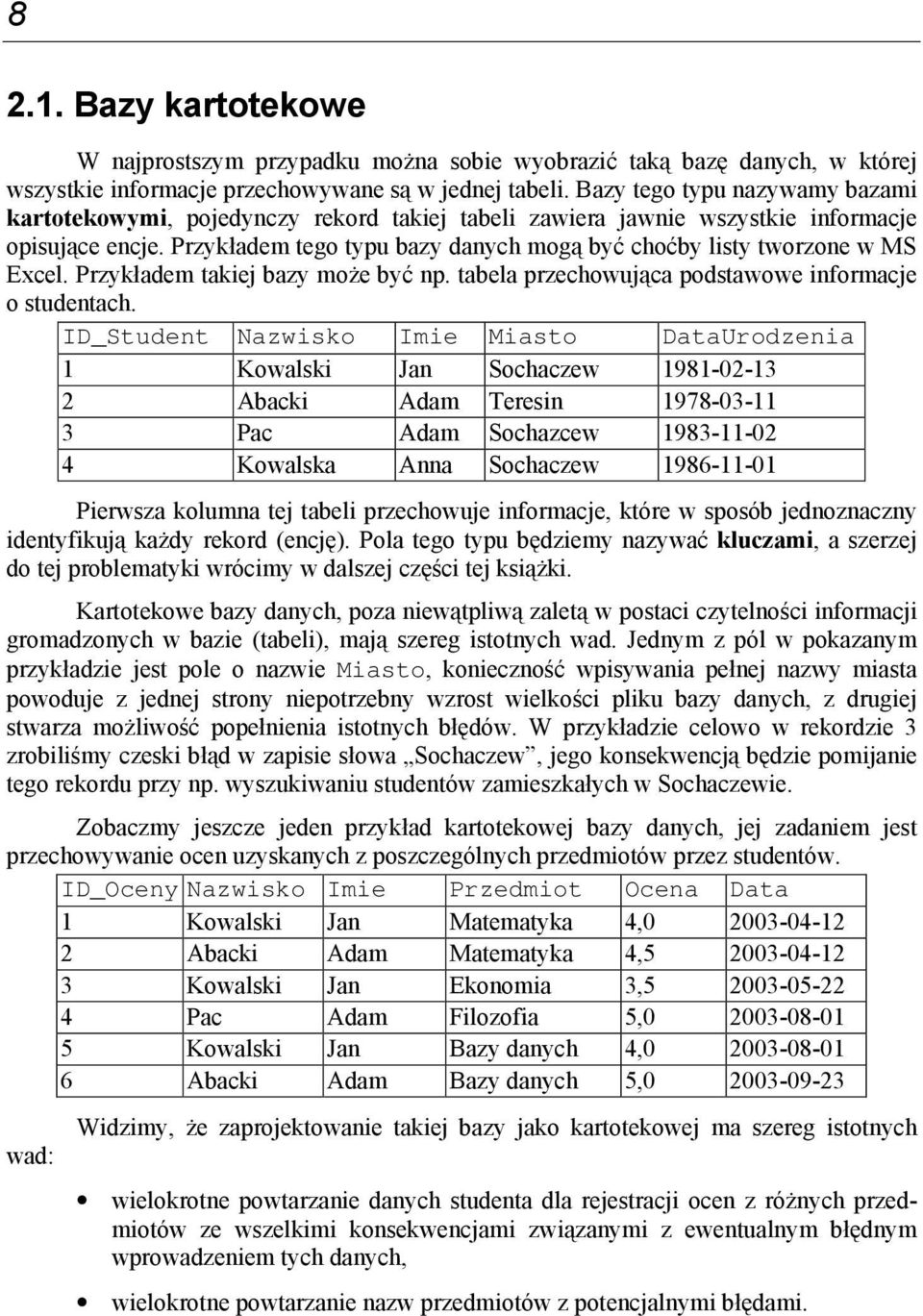 Przykładem tego typu bazy danych mogą być choćby listy tworzone w MS Excel. Przykładem takiej bazy może być np. tabela przechowująca podstawowe informacje o studentach.