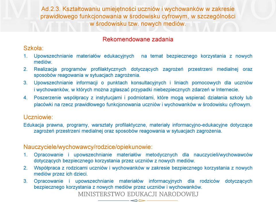 Realizacja programów profilaktycznych dotyczących zagrożeń przestrzeni medialnej oraz sposobów reagowania w sytuacjach zagrożenia. 3.