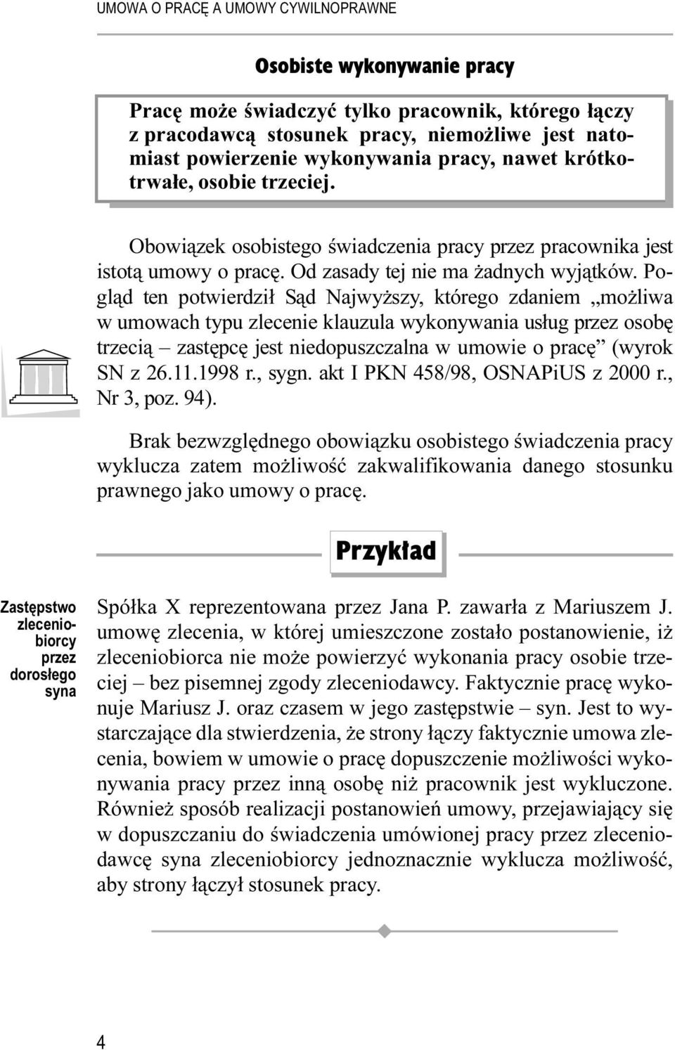 Pogląd ten potwierdził Sąd Najwyższy, którego zdaniem możliwa w umowach typu zlecenie klauzula wykonywania usług przez osobę trzecią zastępcę jest niedopuszczalna w umowie o pracę (wyrok SN z 26.11.