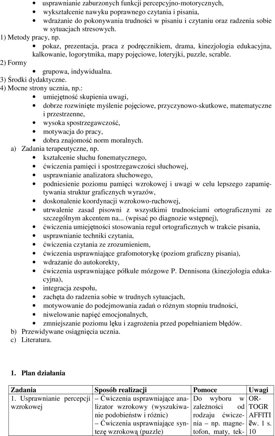 2) Formy grupowa, indywidualna. 3) Środki dydaktyczne. 4) Mocne strony ucznia, np.