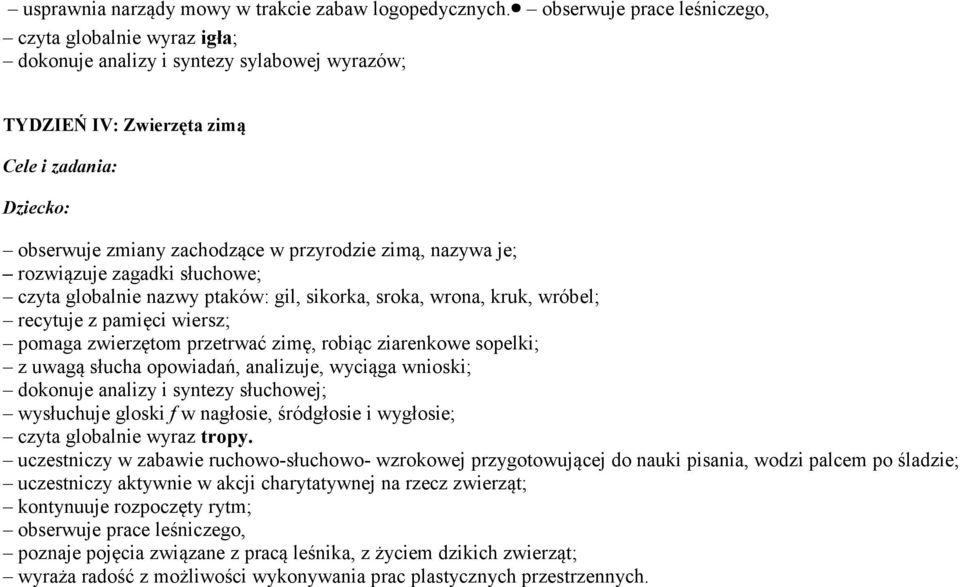 zimą, nazywa je; rozwiązuje zagadki słuchowe; czyta globalnie nazwy ptaków: gil, sikorka, sroka, wrona, kruk, wróbel; recytuje z pamięci wiersz; pomaga zwierzętom przetrwać zimę, robiąc ziarenkowe