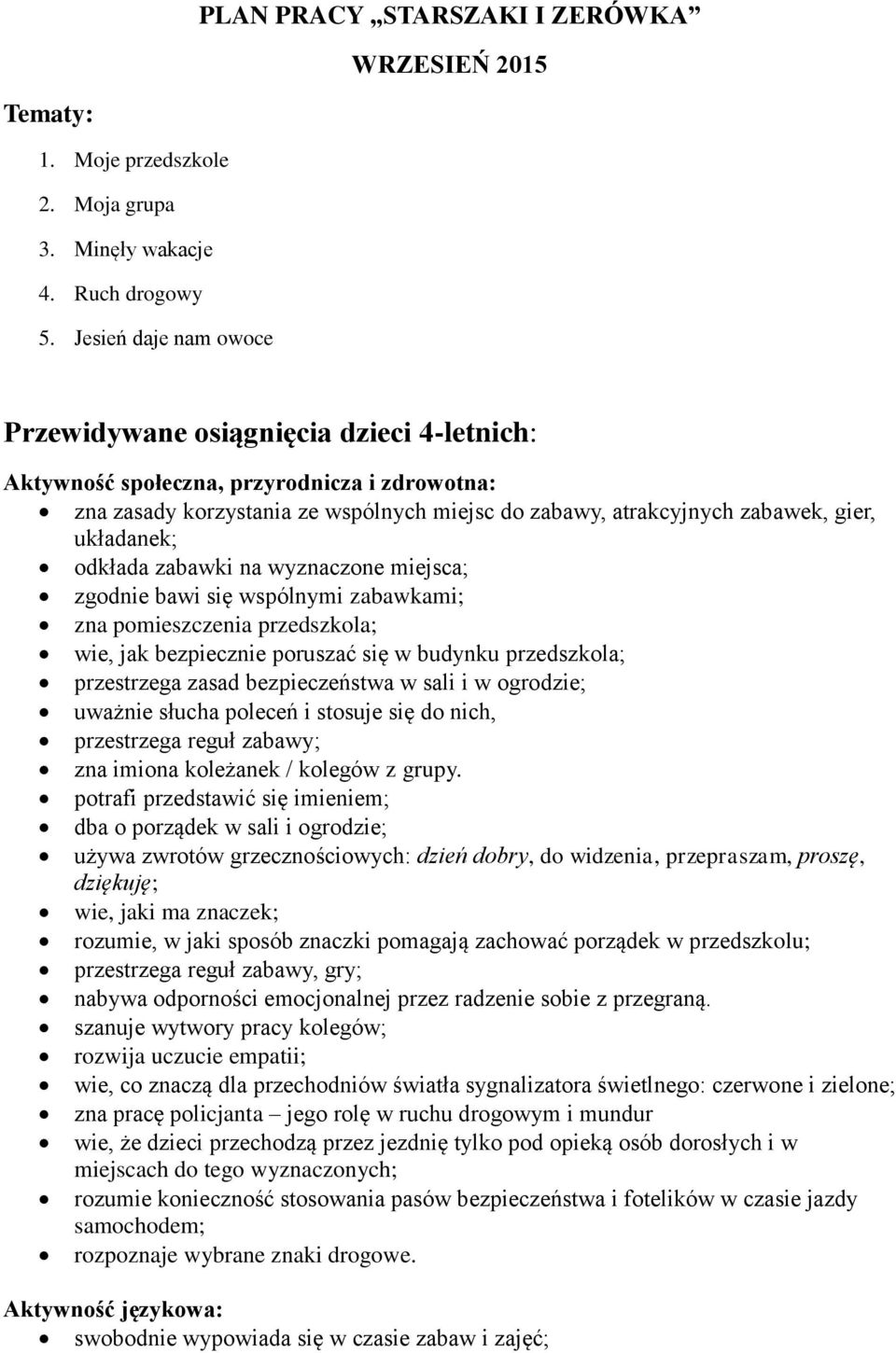 układanek; odkłada zabawki na wyznaczone miejsca; zgodnie bawi się wspólnymi zabawkami; zna pomieszczenia przedszkola; wie, jak bezpiecznie poruszać się w budynku przedszkola; przestrzega zasad