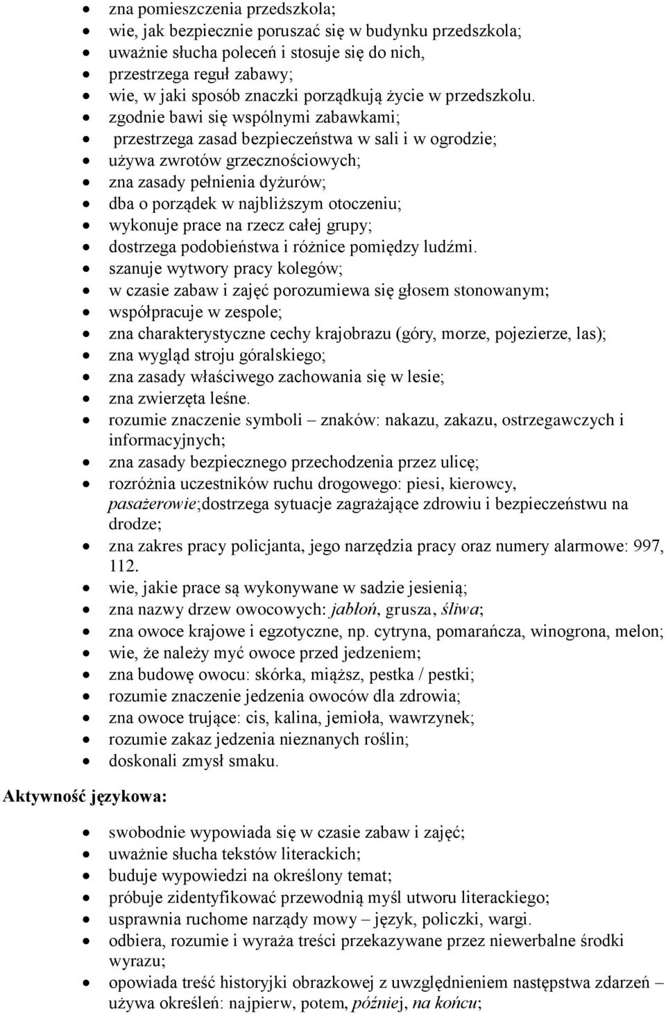 zgodnie bawi się wspólnymi zabawkami; przestrzega zasad bezpieczeństwa w sali i w ogrodzie; używa zwrotów grzecznościowych; zna zasady pełnienia dyżurów; dba o porządek w najbliższym otoczeniu;