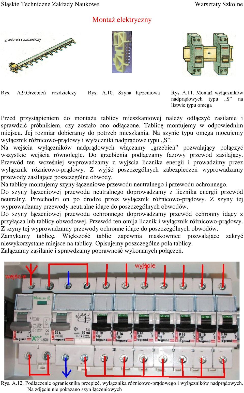 Tablicę montujemy w odpowiednim miejscu. Jej rozmiar dobieramy do potrzeb mieszkania. Na szynie typu omega mocujemy wyłącznik róŝnicowo-prądowy i wyłączniki nadprądowe typu S.