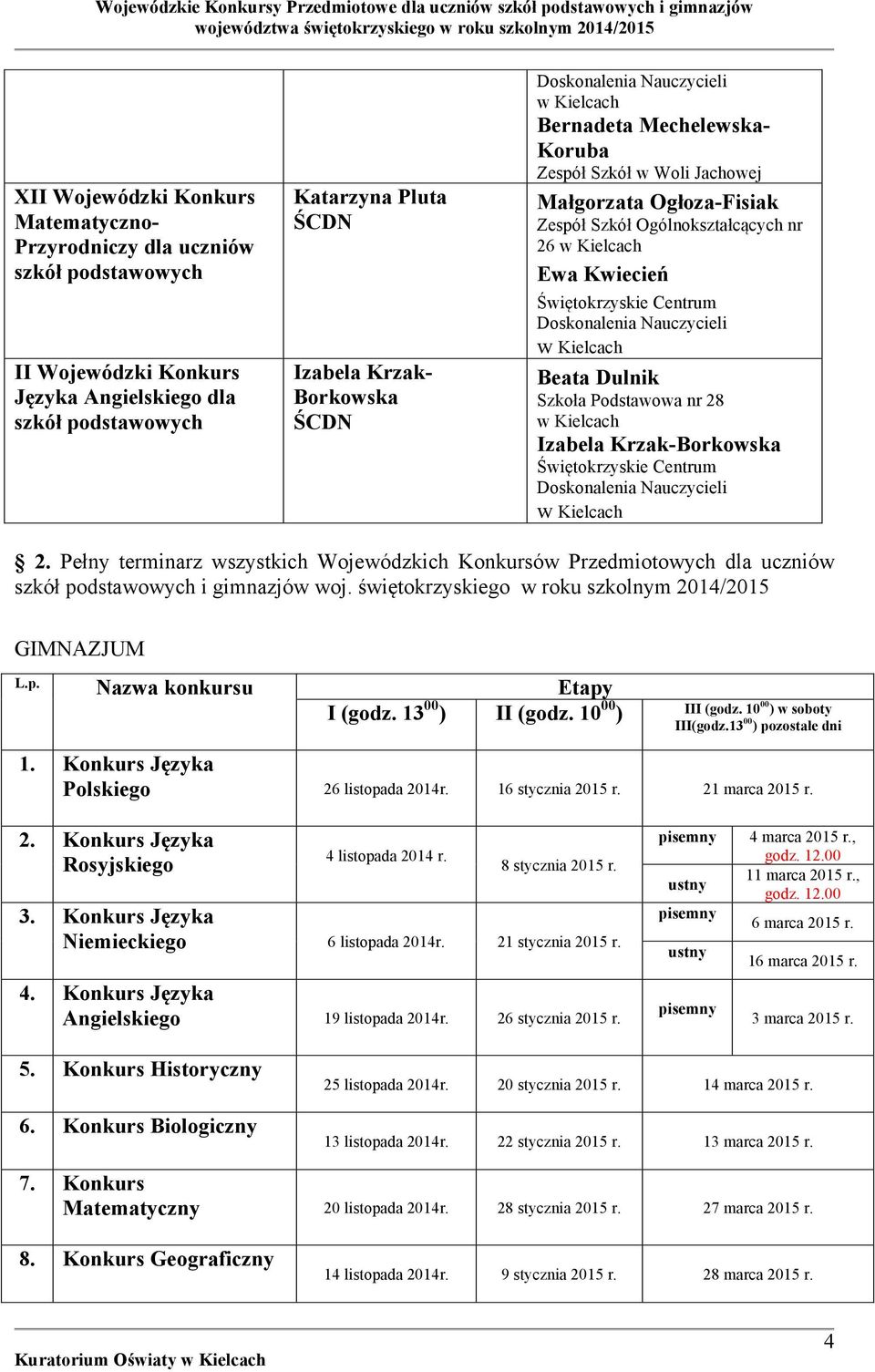 Pełny terminarz wszystkich Wojewódzkich Konkursów Przedmiotowych dla uczniów szkół podstawowych i gimnazjów woj. świętokrzyskiego w roku szkolnym 2014/2015 GIMNAZJUM L.p. Nazwa konkursu Etapy I (godz.