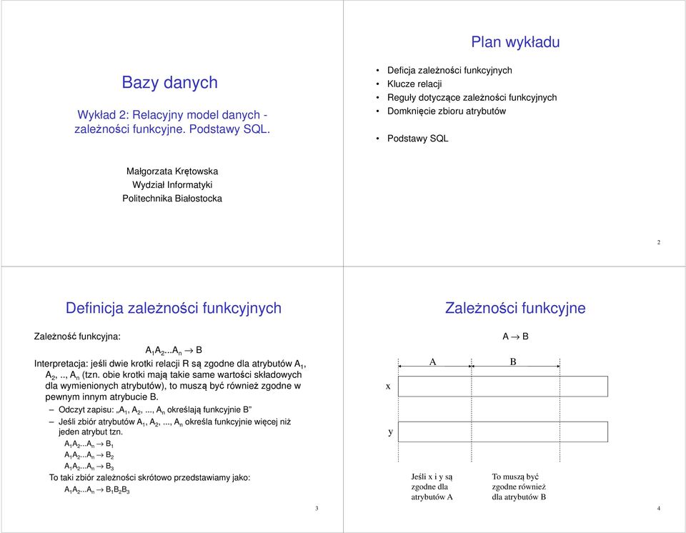 Definicja zależności funkcyjnych Zależności funkcyjne Zależność funkcyjna: A 1 A 2...A n B Interpretacja: jeśli dwie krotki relacji R są zgodne dla atrybutów A 1, A 2,.., A n (tzn.