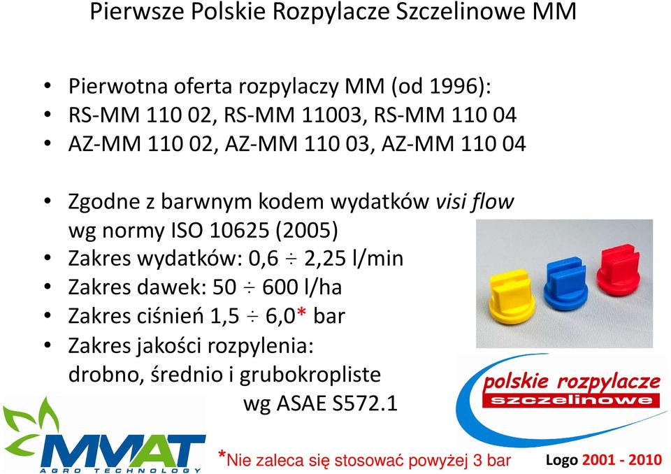 10625(2005) Zakres wydatków: 0,6 2,25 l/min Zakres dawek: 50 600 l/ha Zakres ciśnień 1,5 6,0*bar Zakres jakości