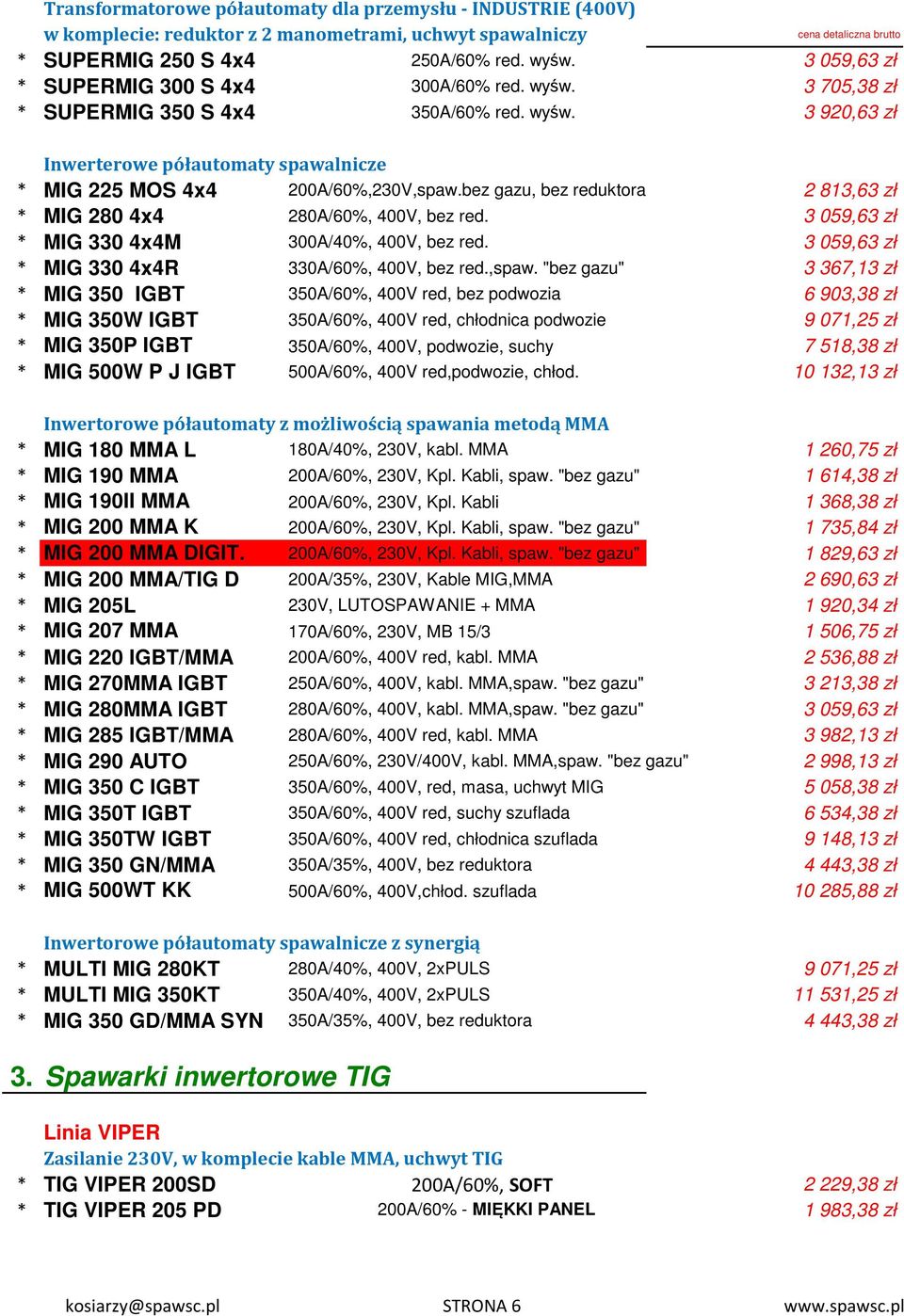 bez gazu, bez reduktora 2 813,63 zł * MIG 280 4x4 280A/60%, 400V, bez red. 3 059,63 zł * MIG 330 4x4M 300A/40%, 400V, bez red. 3 059,63 zł * MIG 330 4x4R 330A/60%, 400V, bez red.,spaw.