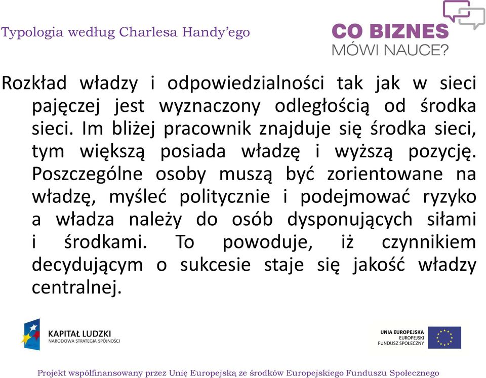 Im bliżej pracownik znajduje się środka sieci, tym większą posiada władzę i wyższą pozycję.