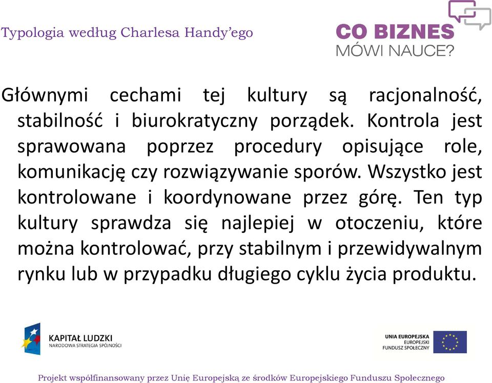 Kontrola jest sprawowana poprzez procedury opisujące role, komunikację czy rozwiązywanie sporów.