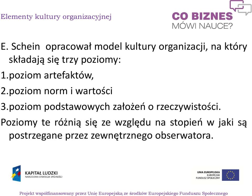 poziomy: 1.poziom artefaktów, 2.poziom norm i wartości 3.