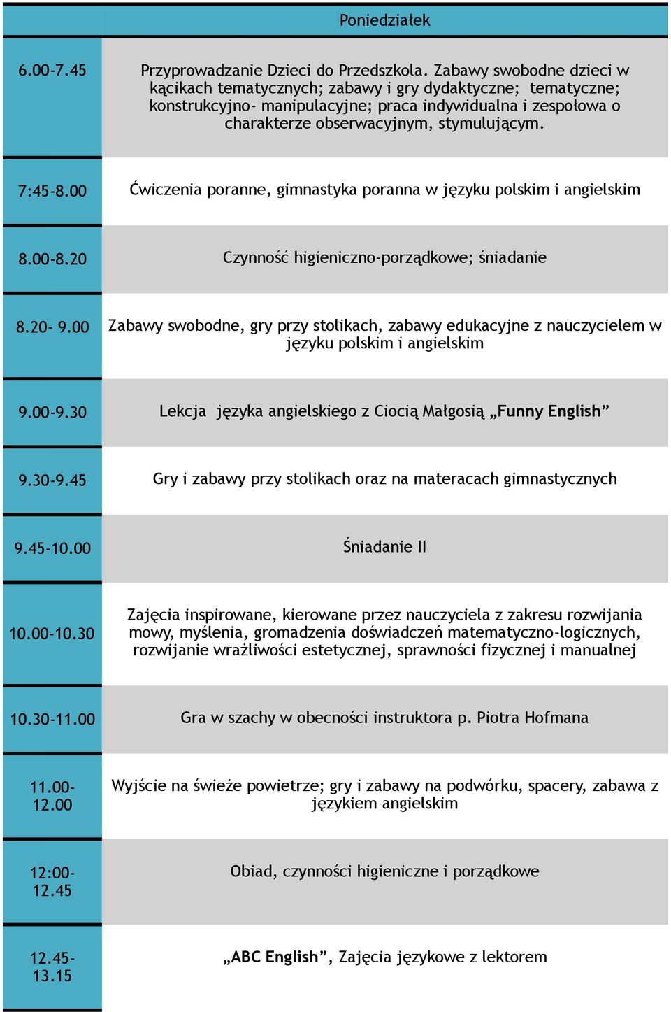 Ćwiczenia poranne, gimnastyka poranna w języku polskim i angielskim 8.-8.2 Czynność higieniczno-porządkowe; śniadanie 8.2-9.