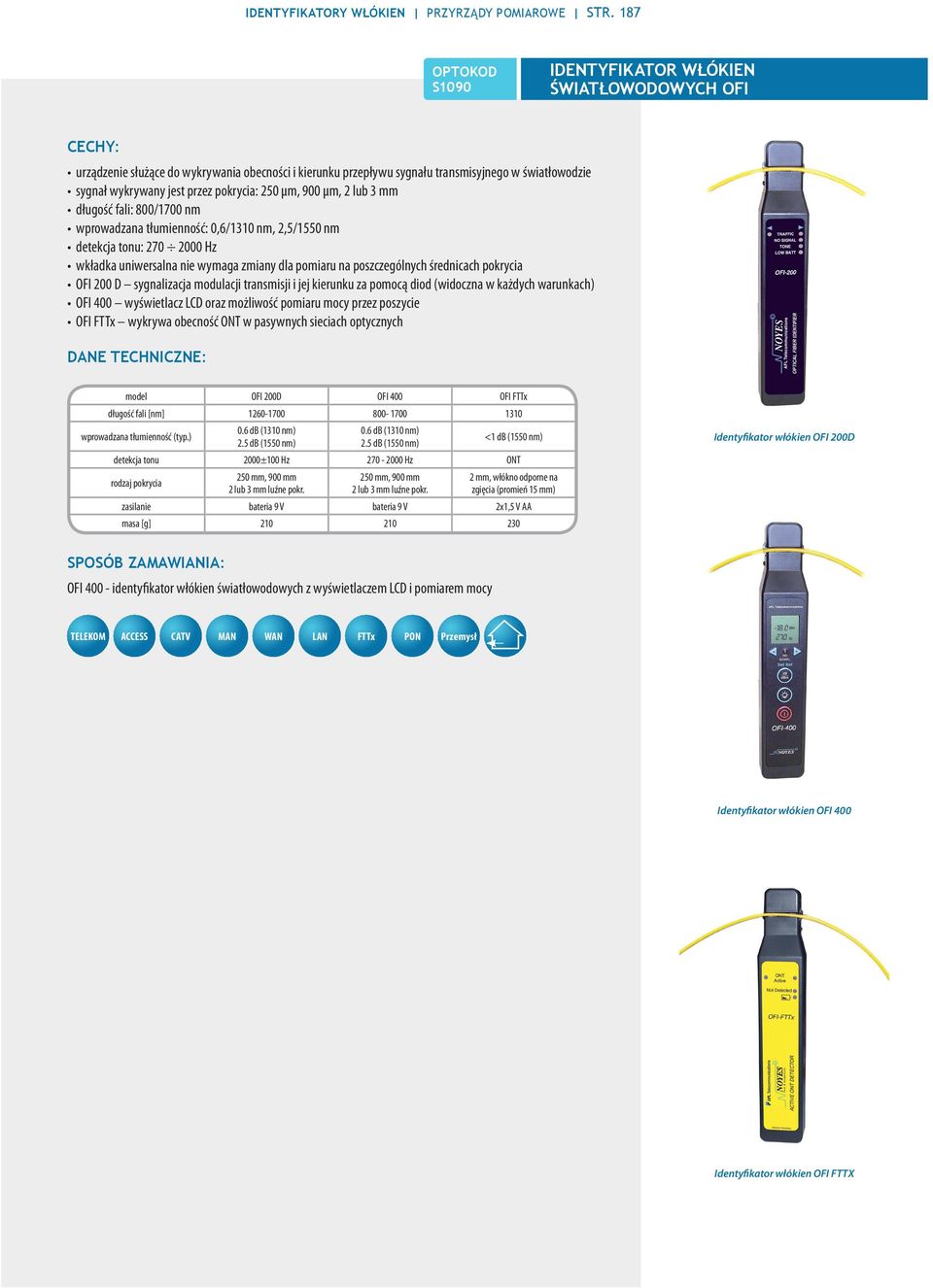 µm, 900 µm, 2 lub 3 mm długość fali: 800/1700 nm wprowadzana tłumienność: 0,6/1310 nm, 2,5/1550 nm detekcja tonu: 270 2000 Hz wkładka uniwersalna nie wymaga zmiany dla pomiaru na poszczególnych