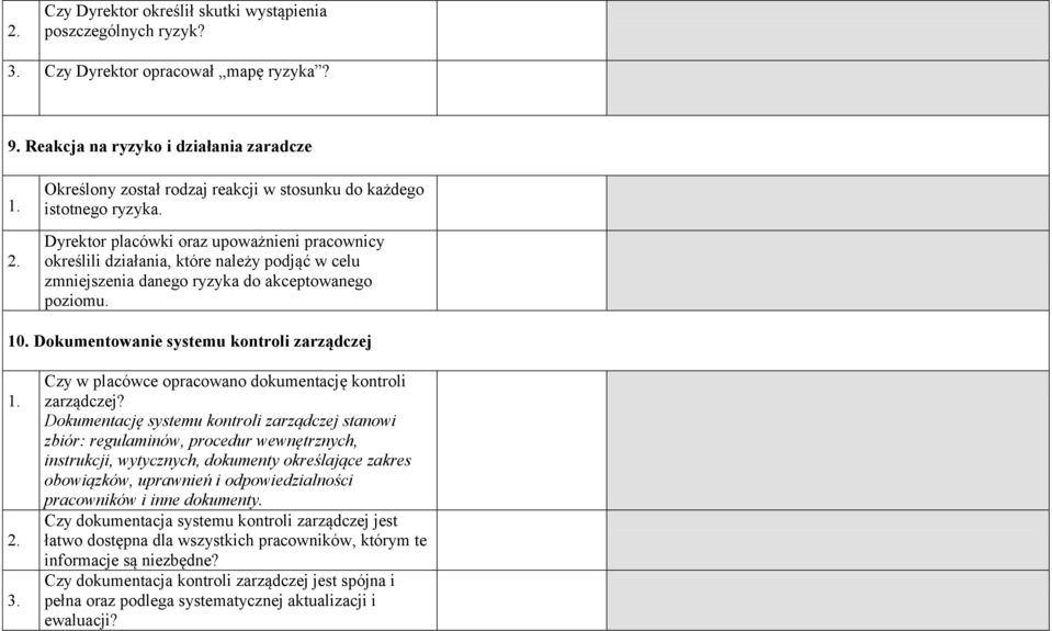 Dyrektor placówki oraz upoważnieni pracownicy określili działania, które należy podjąć w celu zmniejszenia danego ryzyka do akceptowanego poziomu. 10. Dokumentowanie systemu kontroli zarządczej 1. 2.