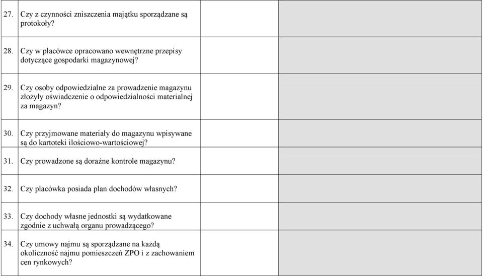 Czy przyjmowane materiały do magazynu wpisywane są do kartoteki ilościowo-wartościowej? 31. Czy prowadzone są doraźne kontrole magazynu? 32.