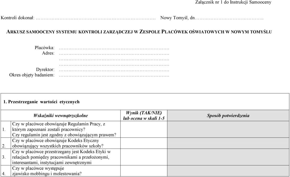 Wskaźniki wewnątrzszkolne Czy w placówce obowiązuje Regulamin Pracy, z którym zapoznani zostali pracownicy? Czy regulamin jest zgodny z obowiązującym prawem?